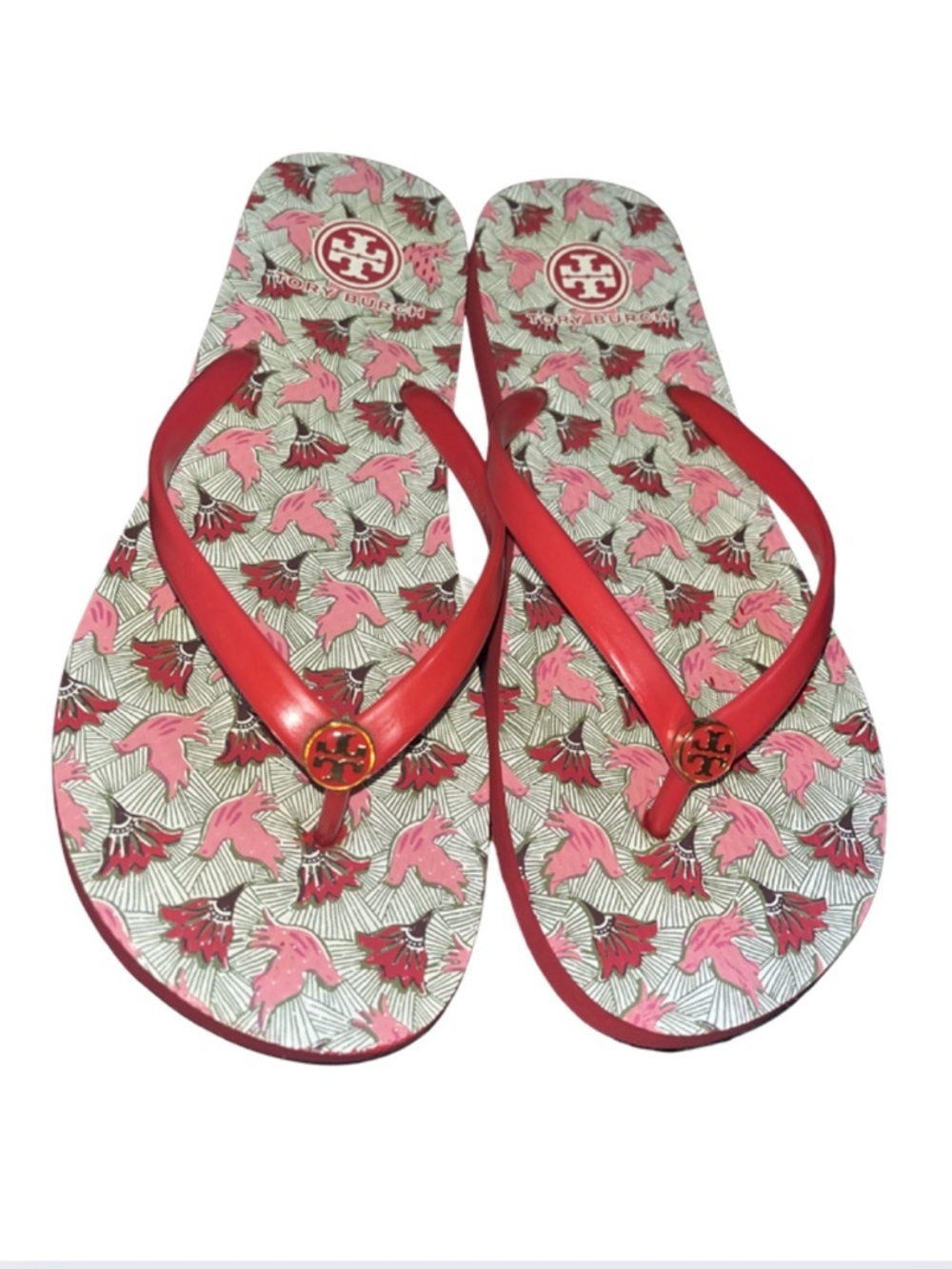 EUC Tory Burch Red & Pink Dove Printed Flip Flops (Sizes 8-9)